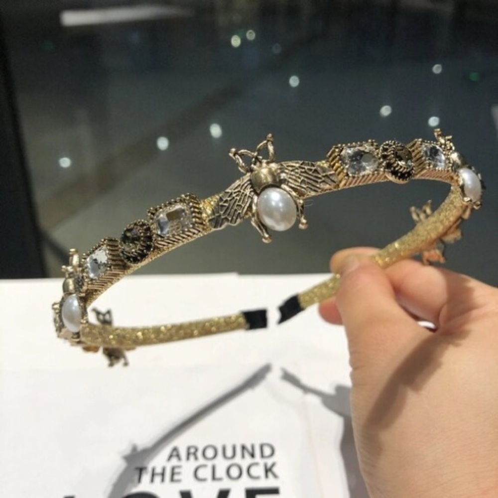 Womens Baroque Bee Headband With Crystal Rhinestone and Pearl Headwear
